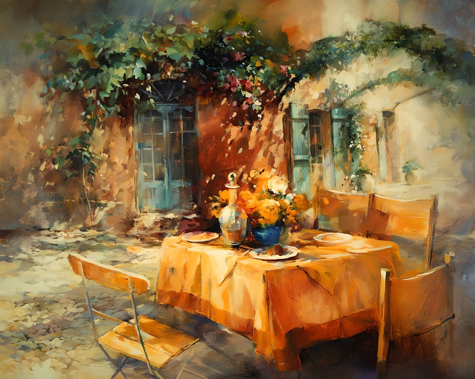 PDGIT8040765: Tavola apparecchiata nel cortile al sole