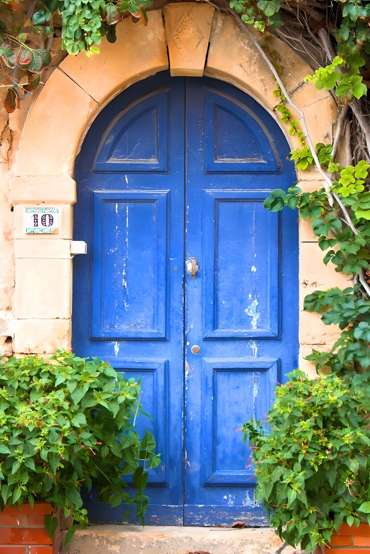 PDGIT1912099: Porta blu ad arco tra pietra e piante