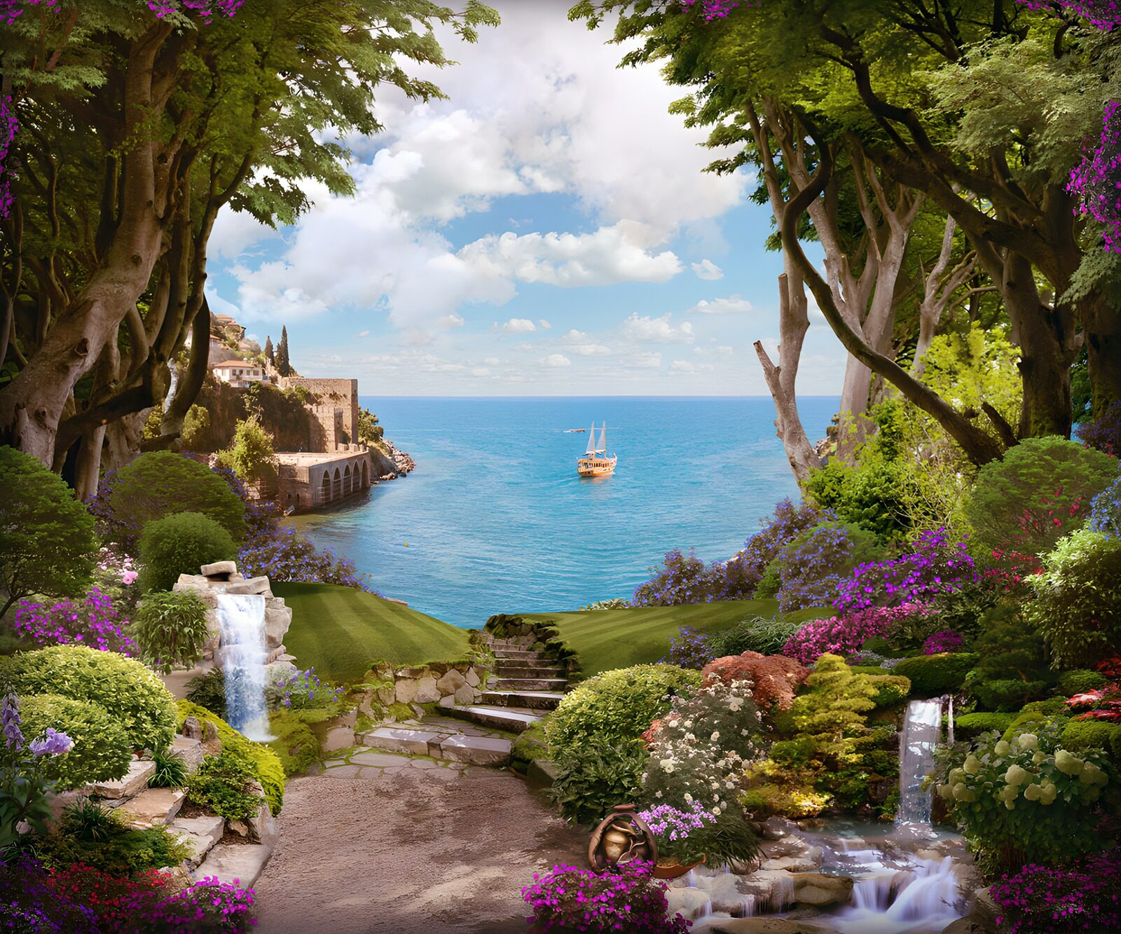 PDGIT3640086: Giardino fiorito con cascate sul mare