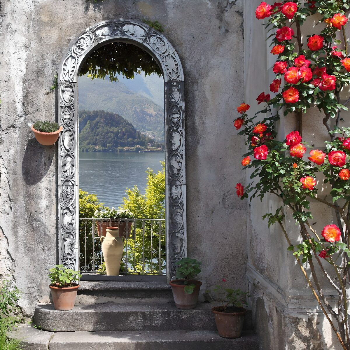 PDGIT2122158: Arco sul lago tra vasi e rose