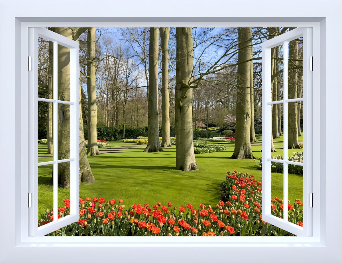 Finestra aperta sul giardino di tulipani