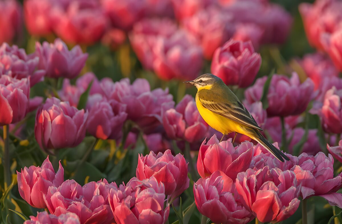 PDGIT7277245: Cutrettola al sole su un tulipano rosa