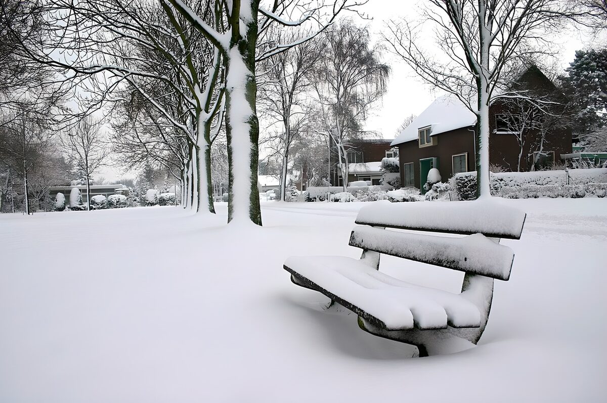 PDGIT3180484: Panchina e case sotto la neve