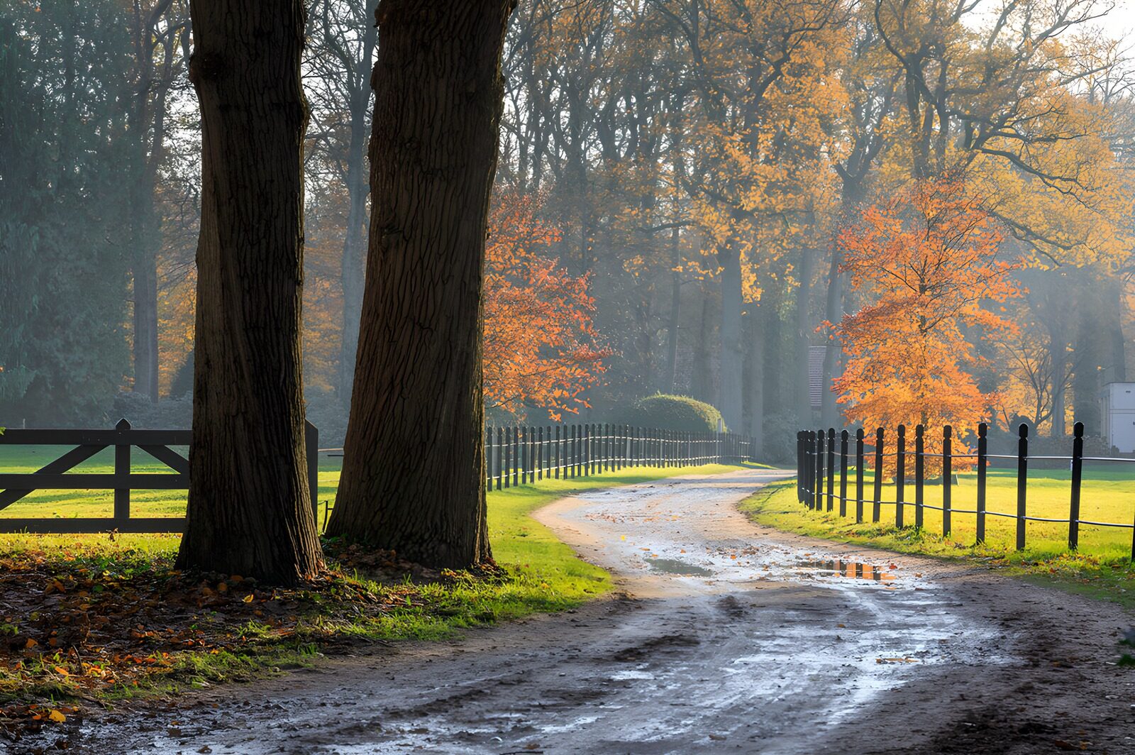 PDGIT3722151: Sentiero fangoso nella luce d’autunno