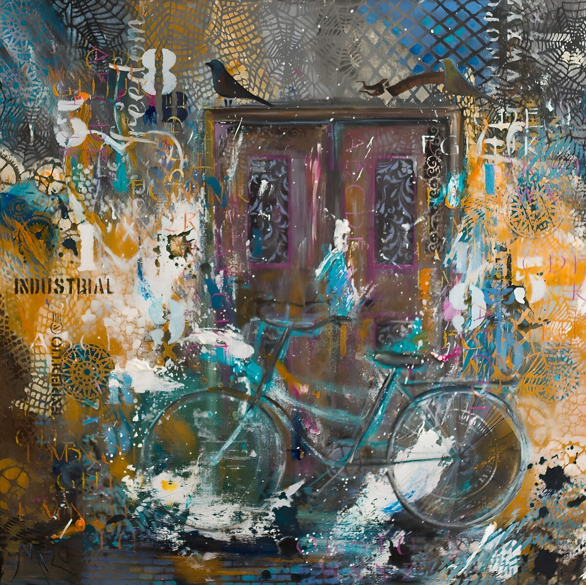 PDGIT9014467: Bicicletta turchese tra porta e graffiti