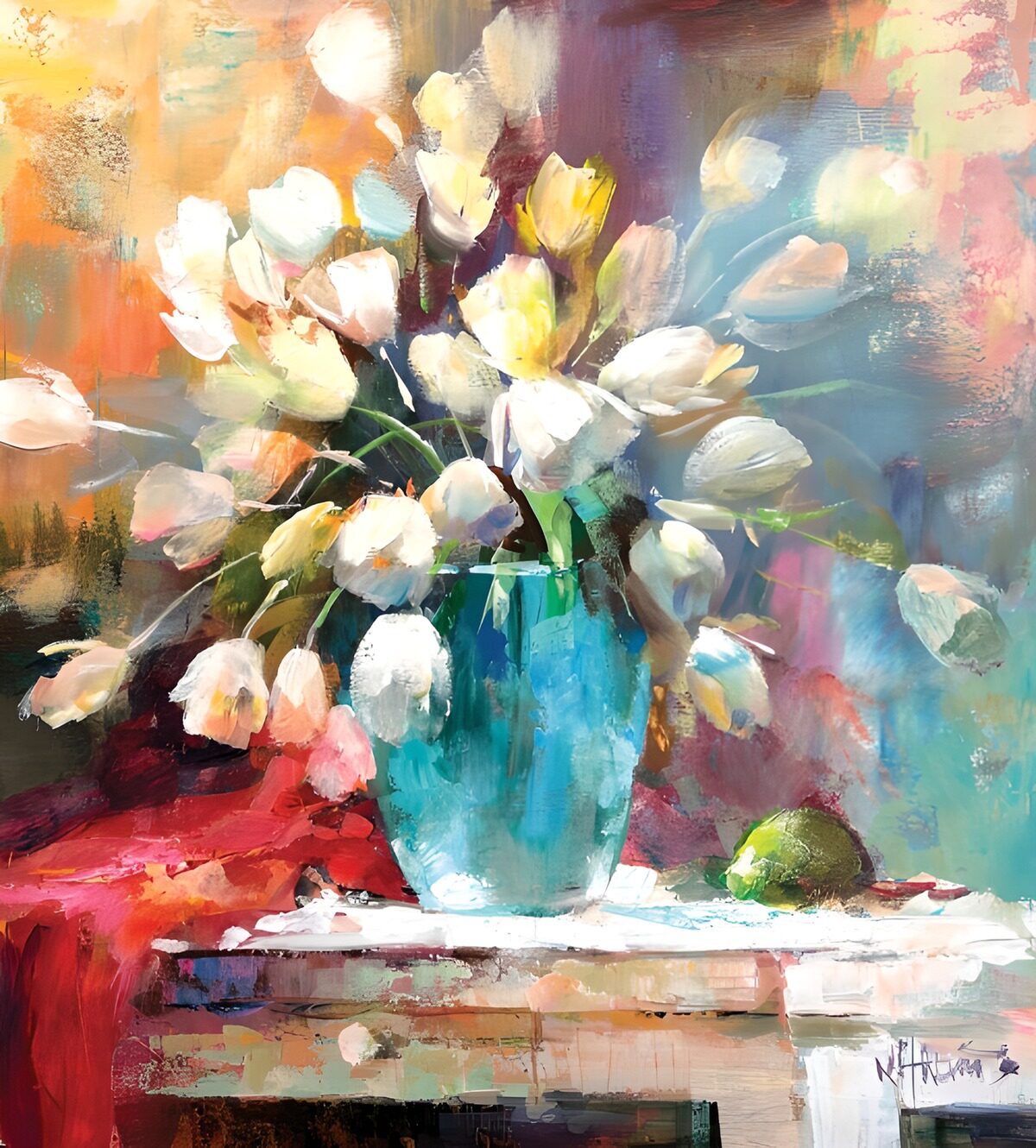 PDGIT6070904: Tulipani chiari in un vaso turchese