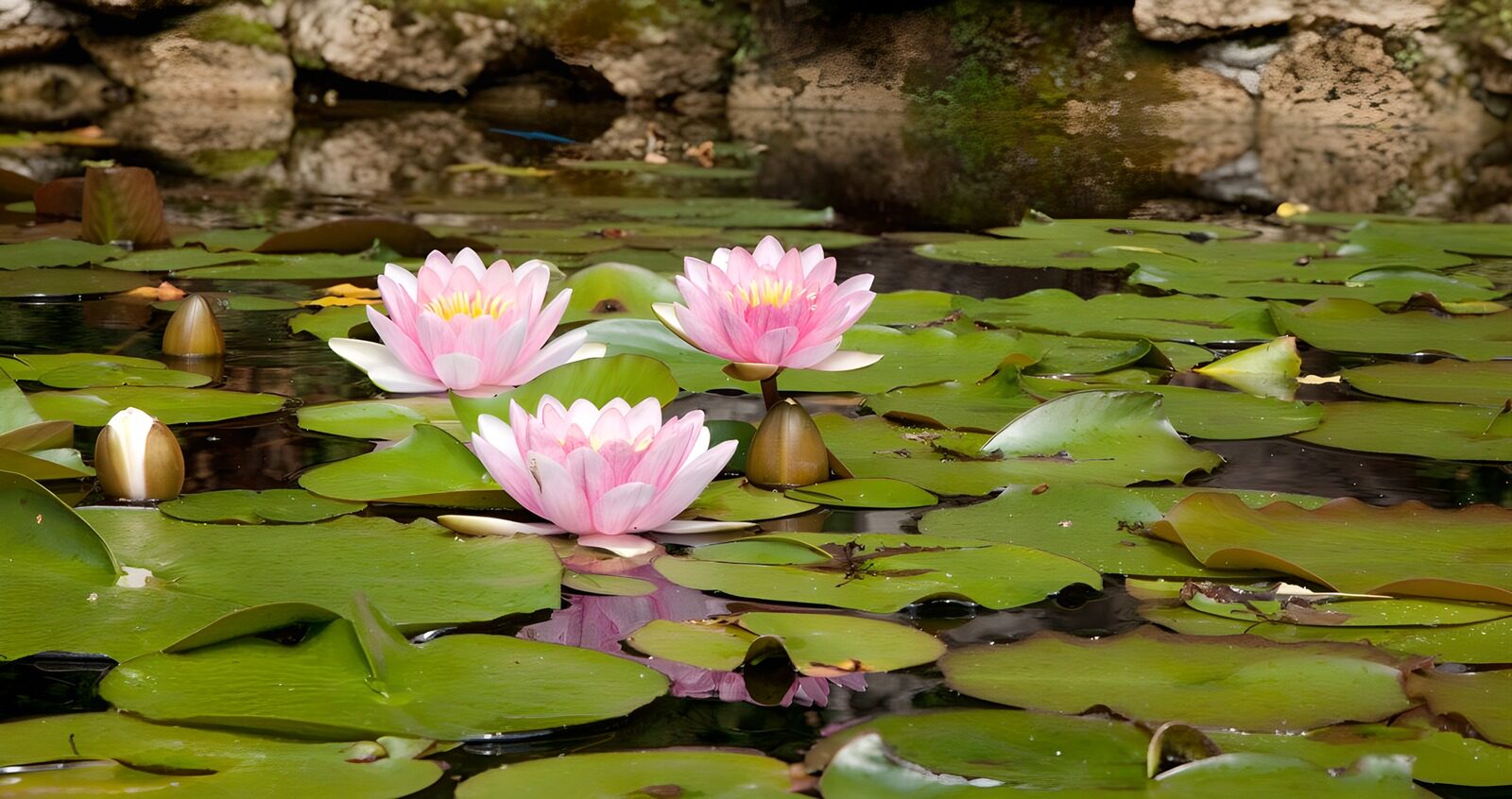 PDGIT4625968: Tre ninfee rosa sull’acqua quieta