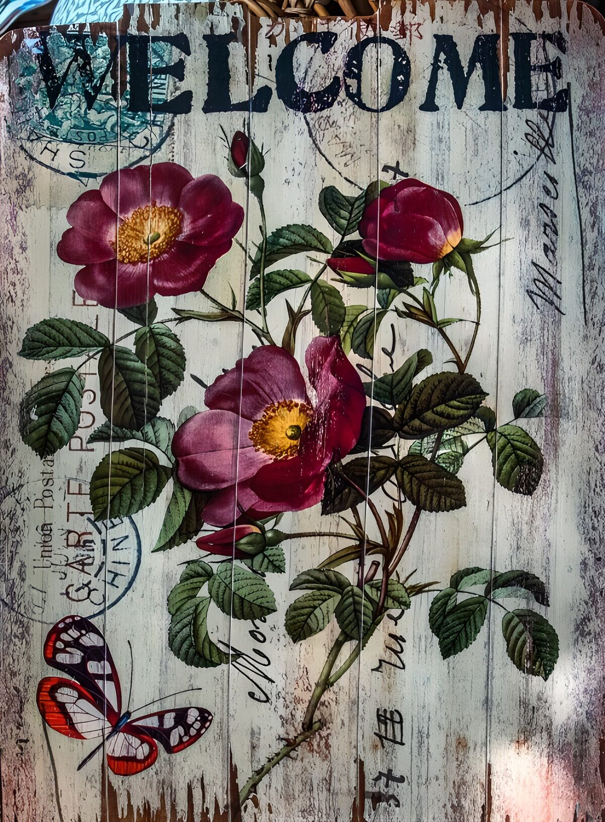 PDGIT6979830: Rose e farfalla su legno vintage