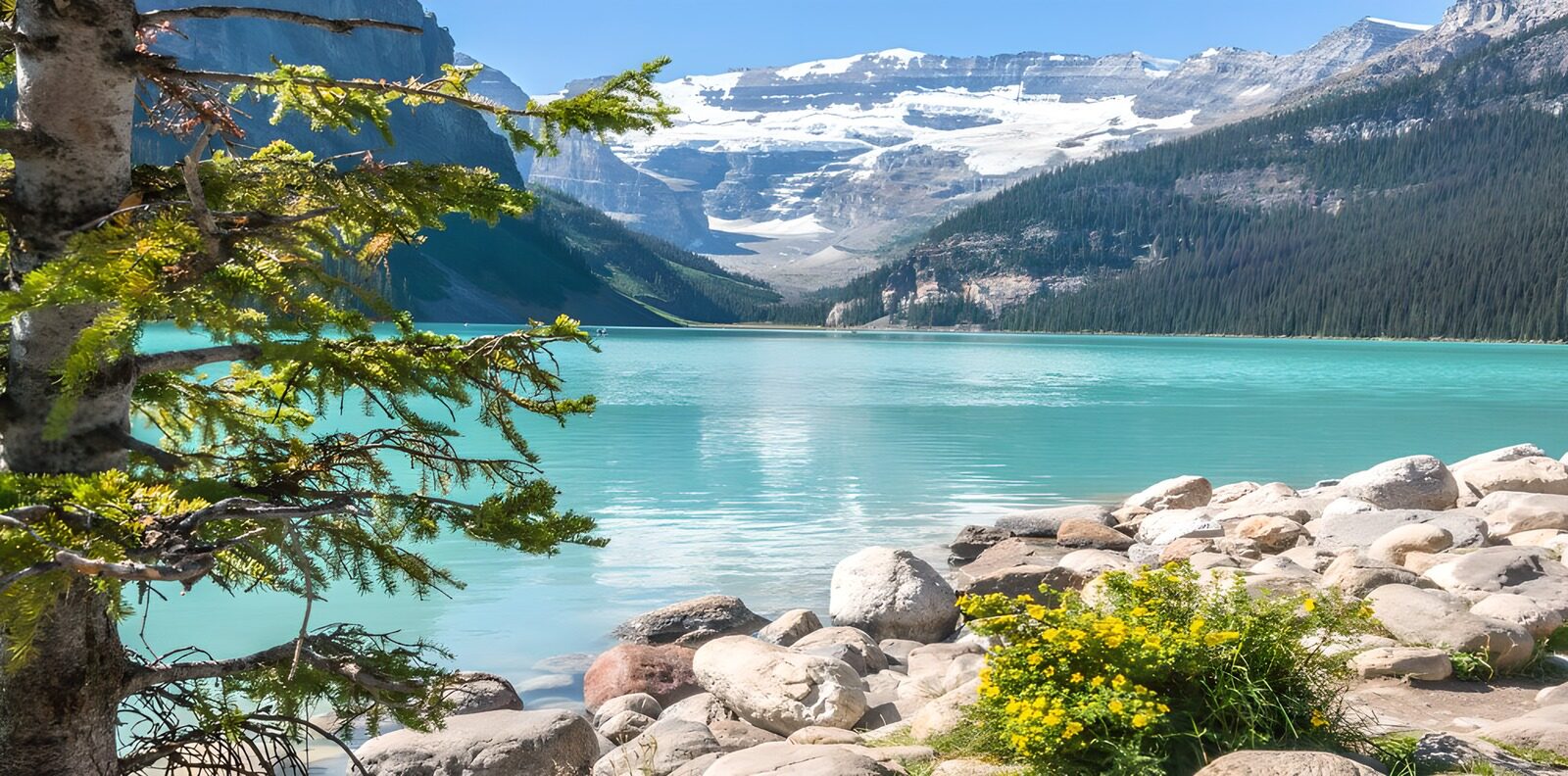 PDGIT8988383: Lago turchese tra boschi e cime innevate