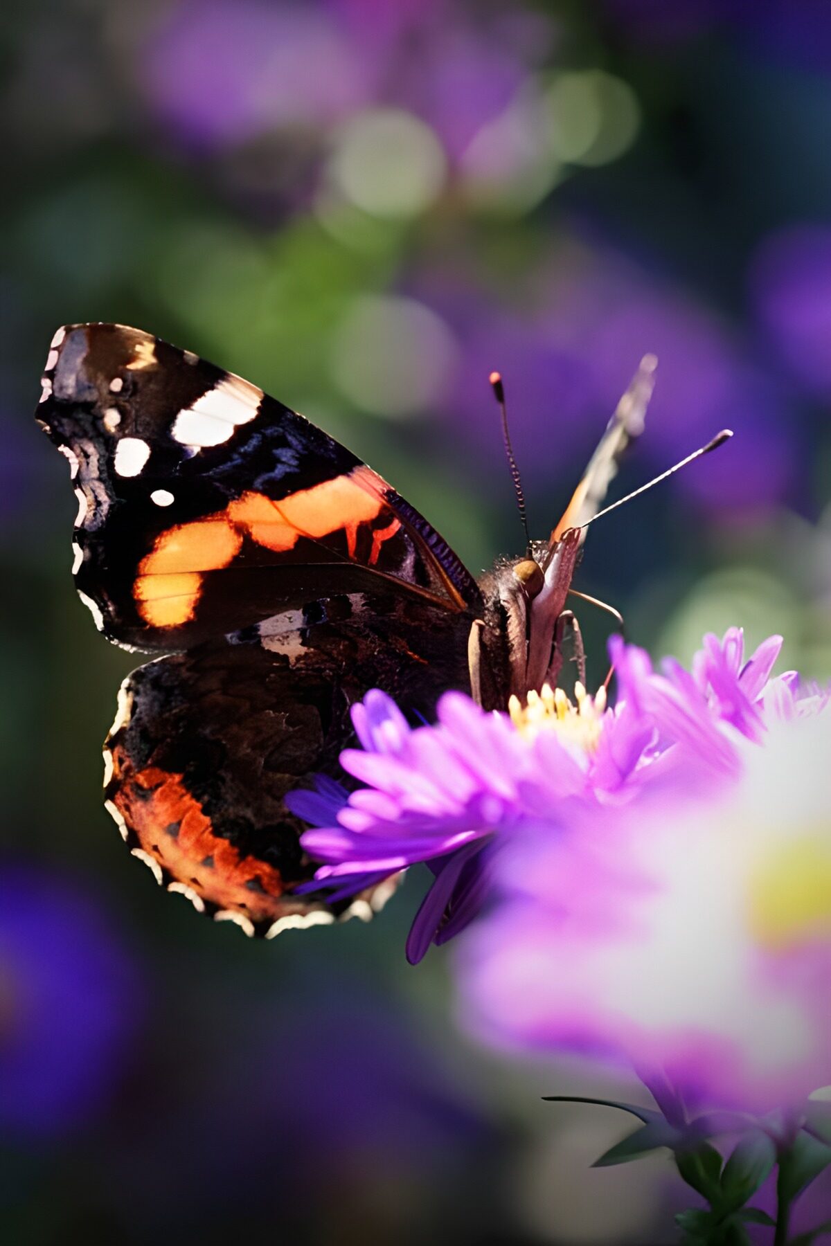 Farfalla rossa e nera su un fiore viola