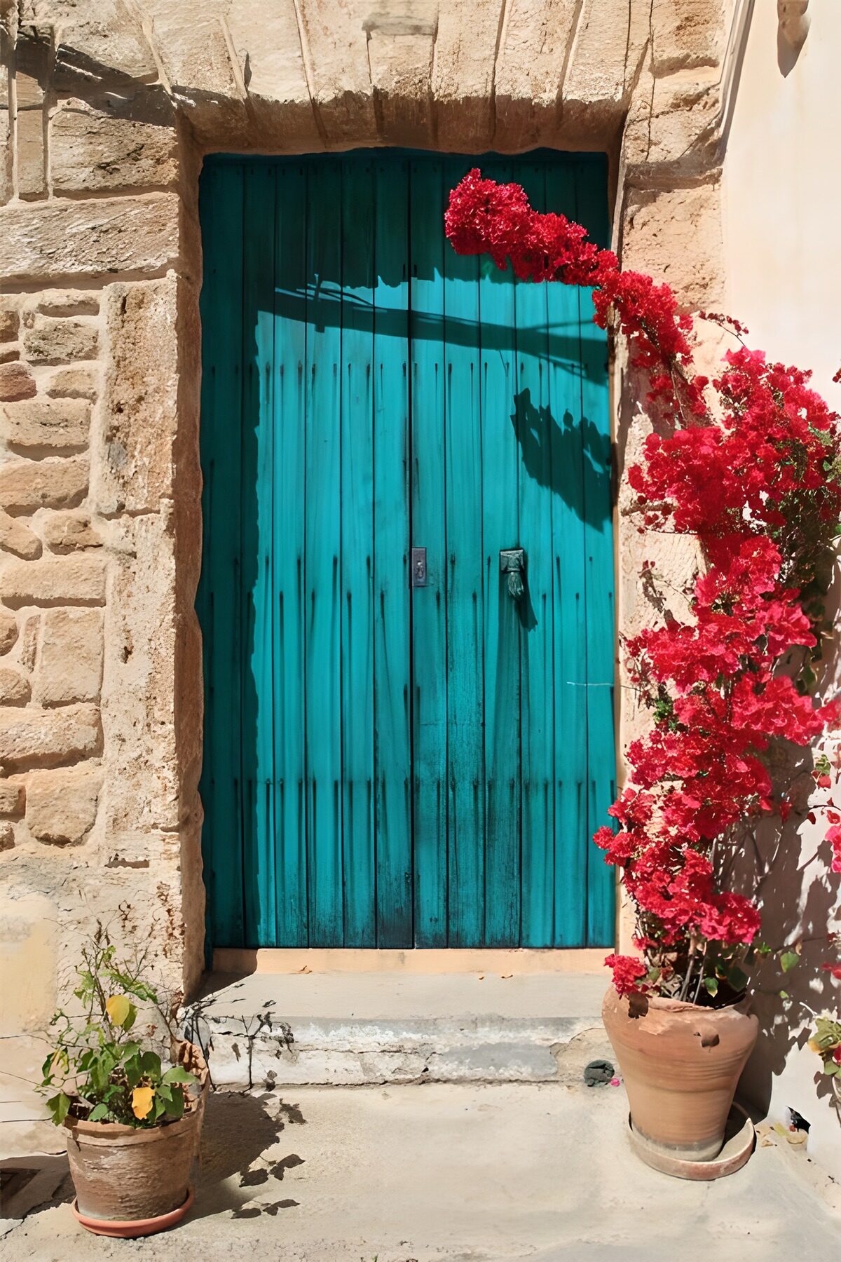 PDGIT2450626: Porta turchese e bougainvillea al sole