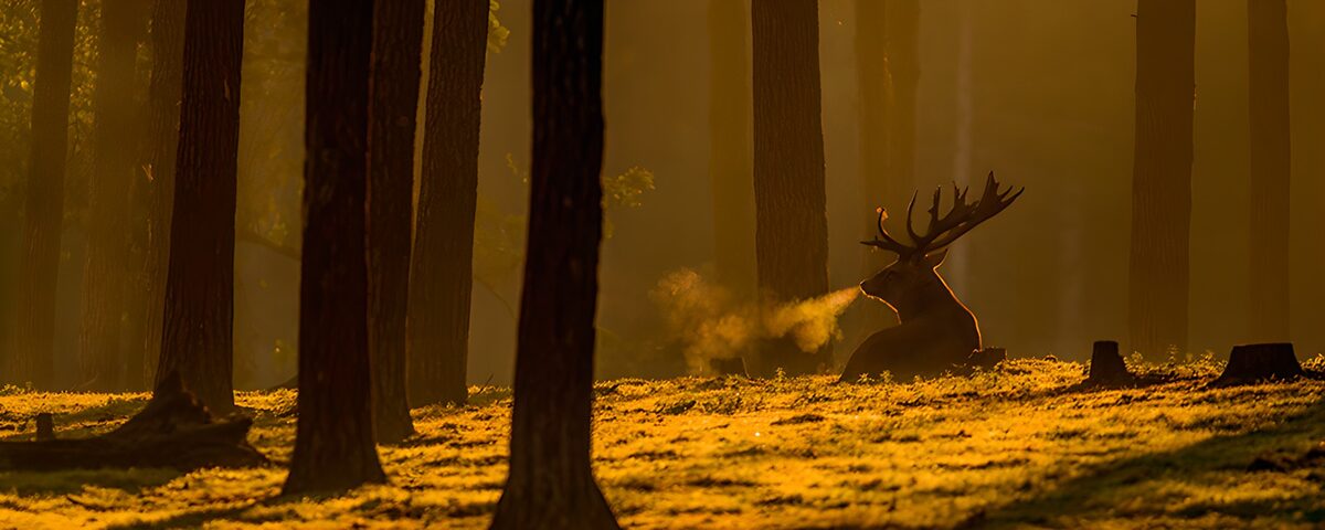 PDGIT3934835: Cervo a riposo nel bosco dorato