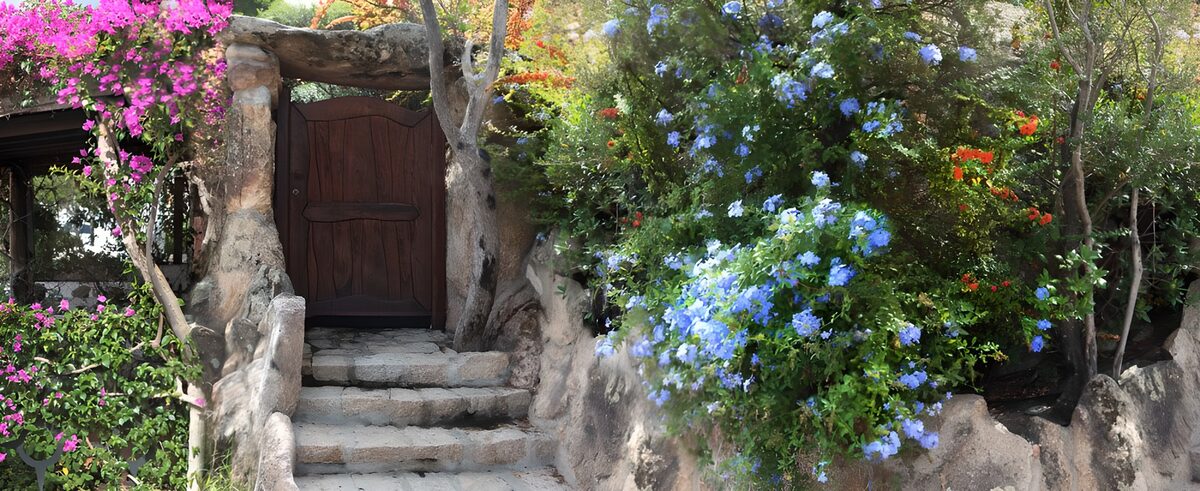 PDGIT7720247: Porta rustica tra fiori rosa e blu