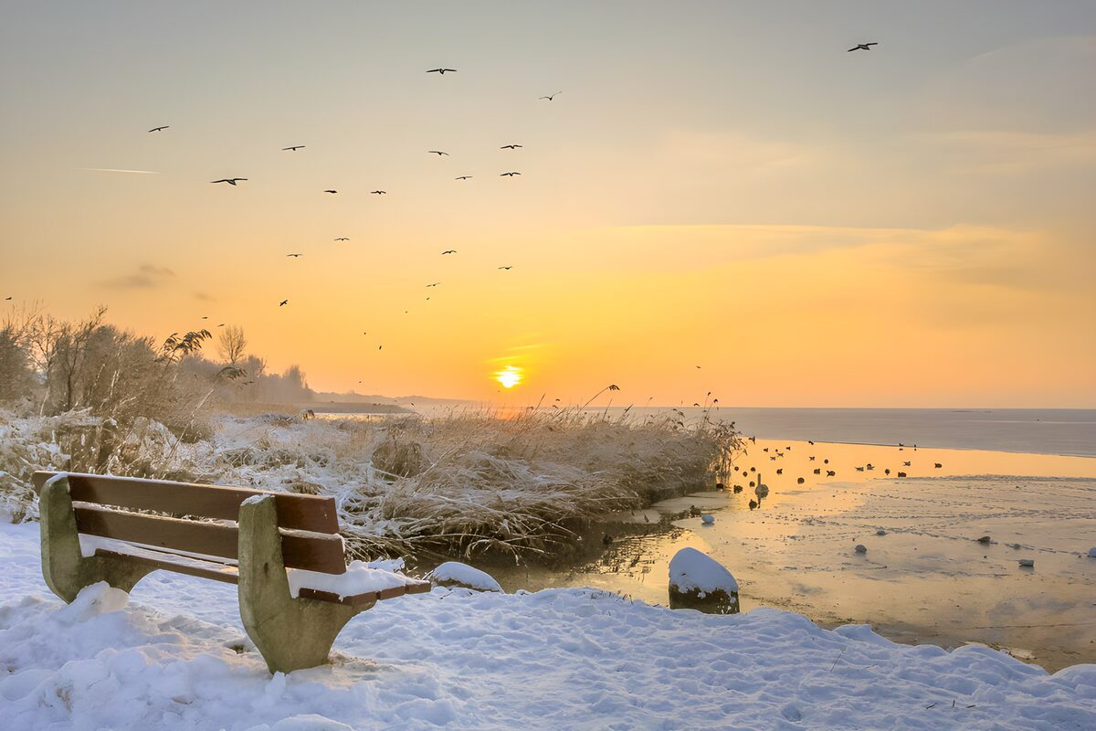 Riva innevata con panchina al tramonto