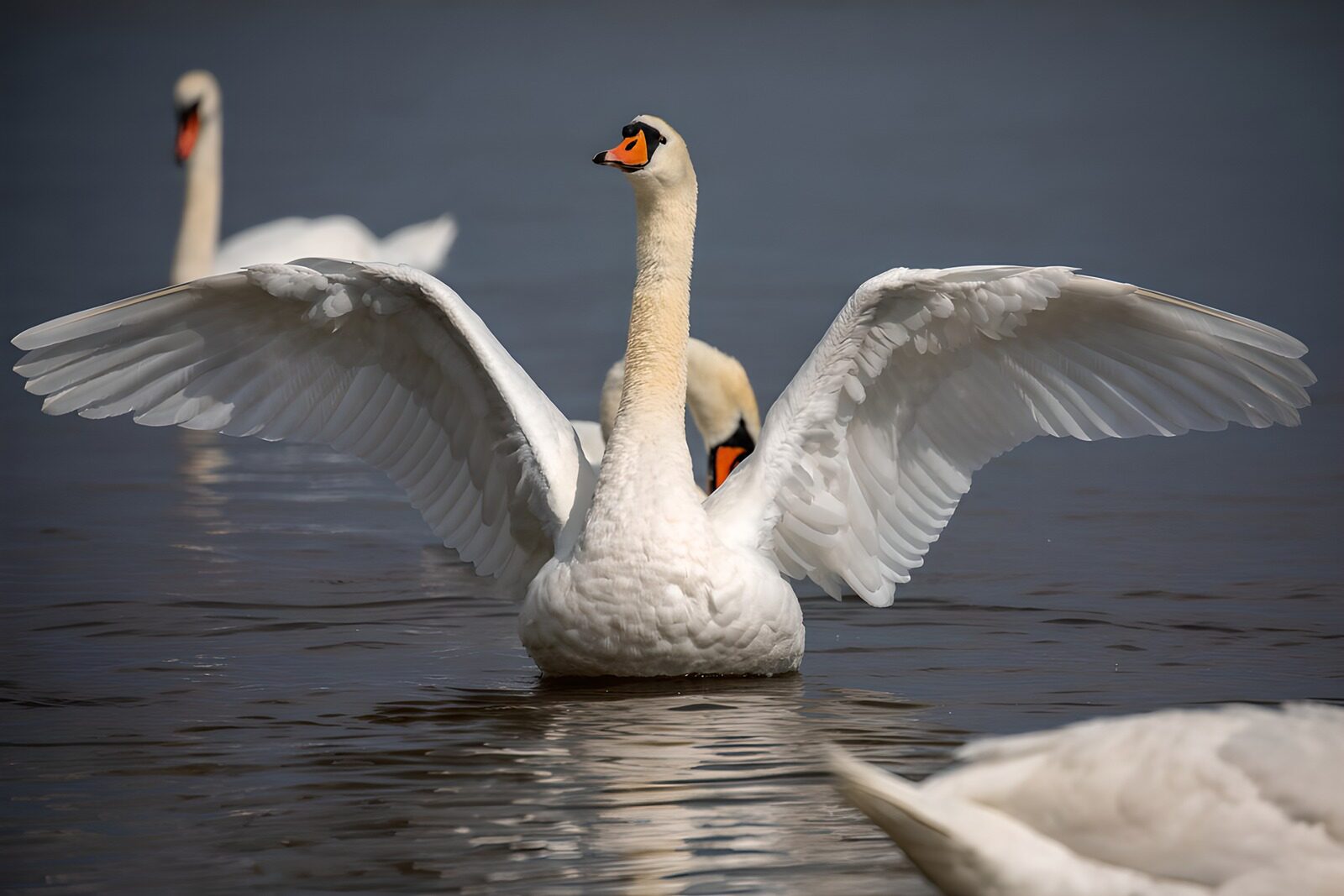 PDGIT8618943: Cigno ad ali spiegate sull’acqua scura