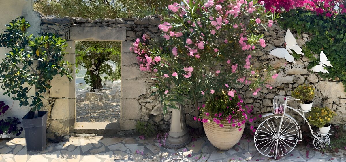 Cortile al sole con fiori e bici bianca