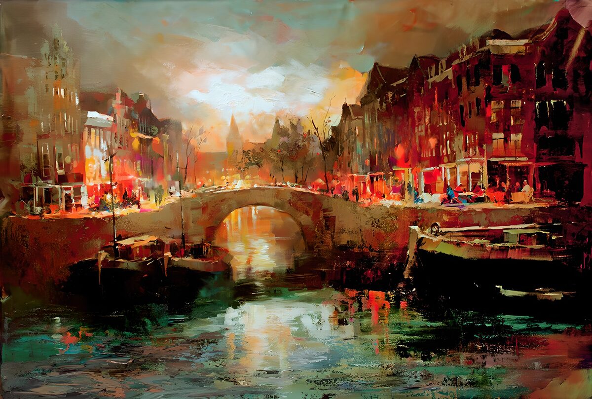 PDGIT8863689: Ponte e barche sul canale al tramonto