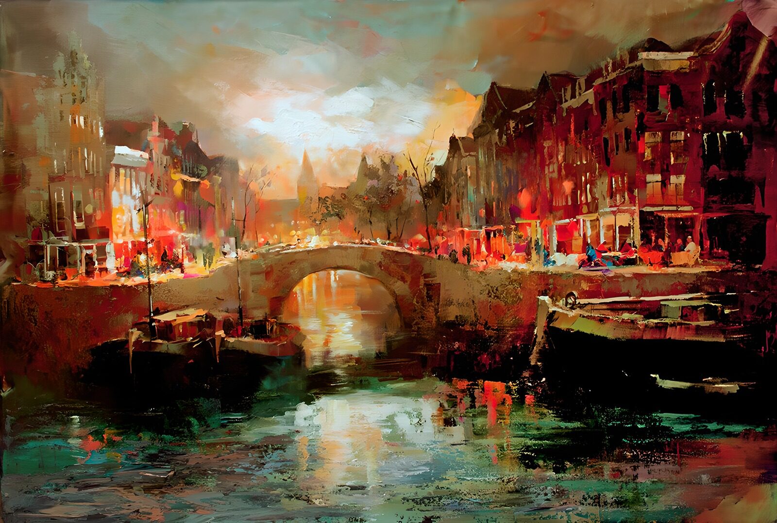 PDGIT8863689: Ponte e barche sul canale al tramonto