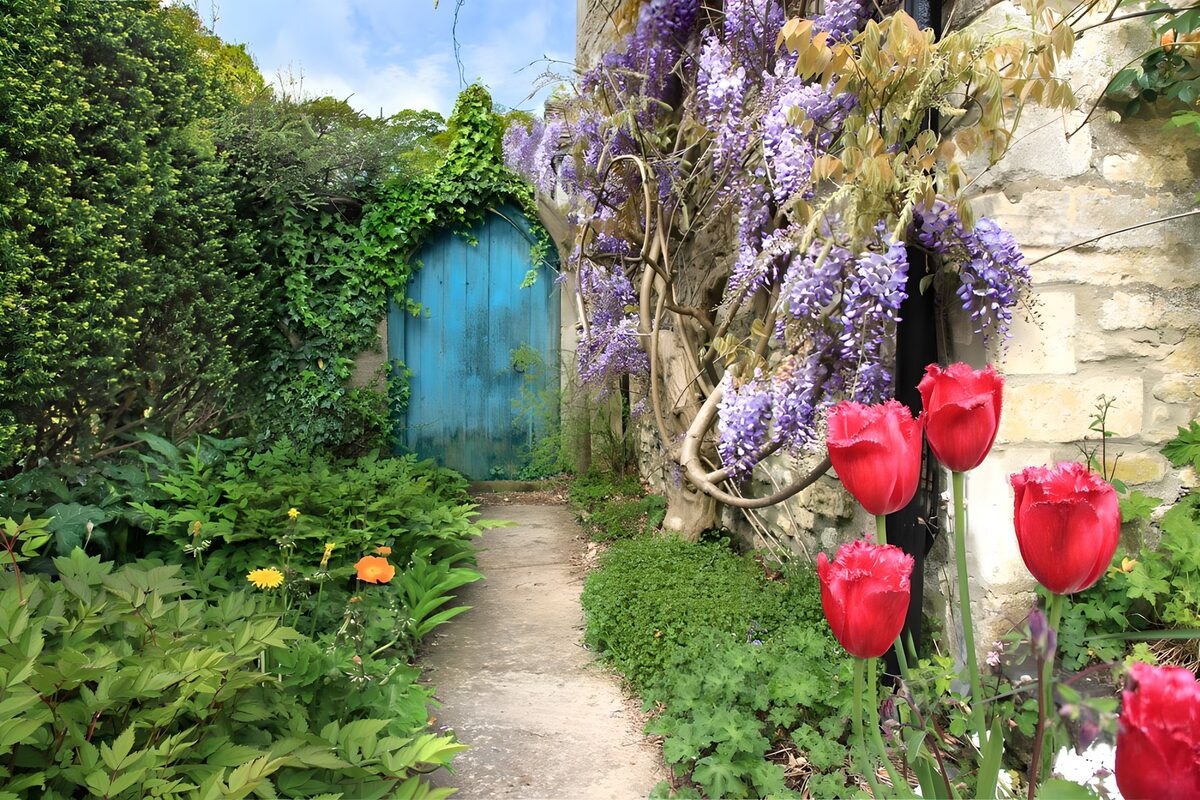 PDGIT7550515: Porta blu tra glicine e tulipani rossi