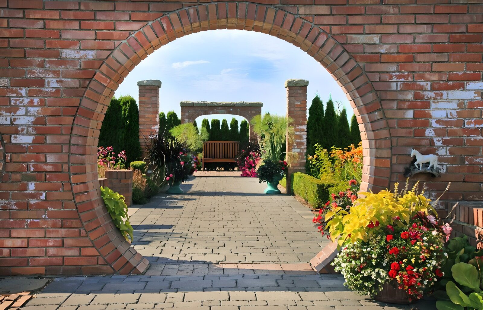PDGIT3086718: Giardino in fiore oltre l’arco di mattoni
