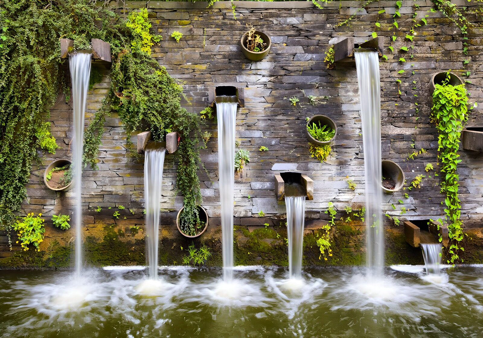 PDGIT6383437: Cascata su muro di pietra tra le piante
