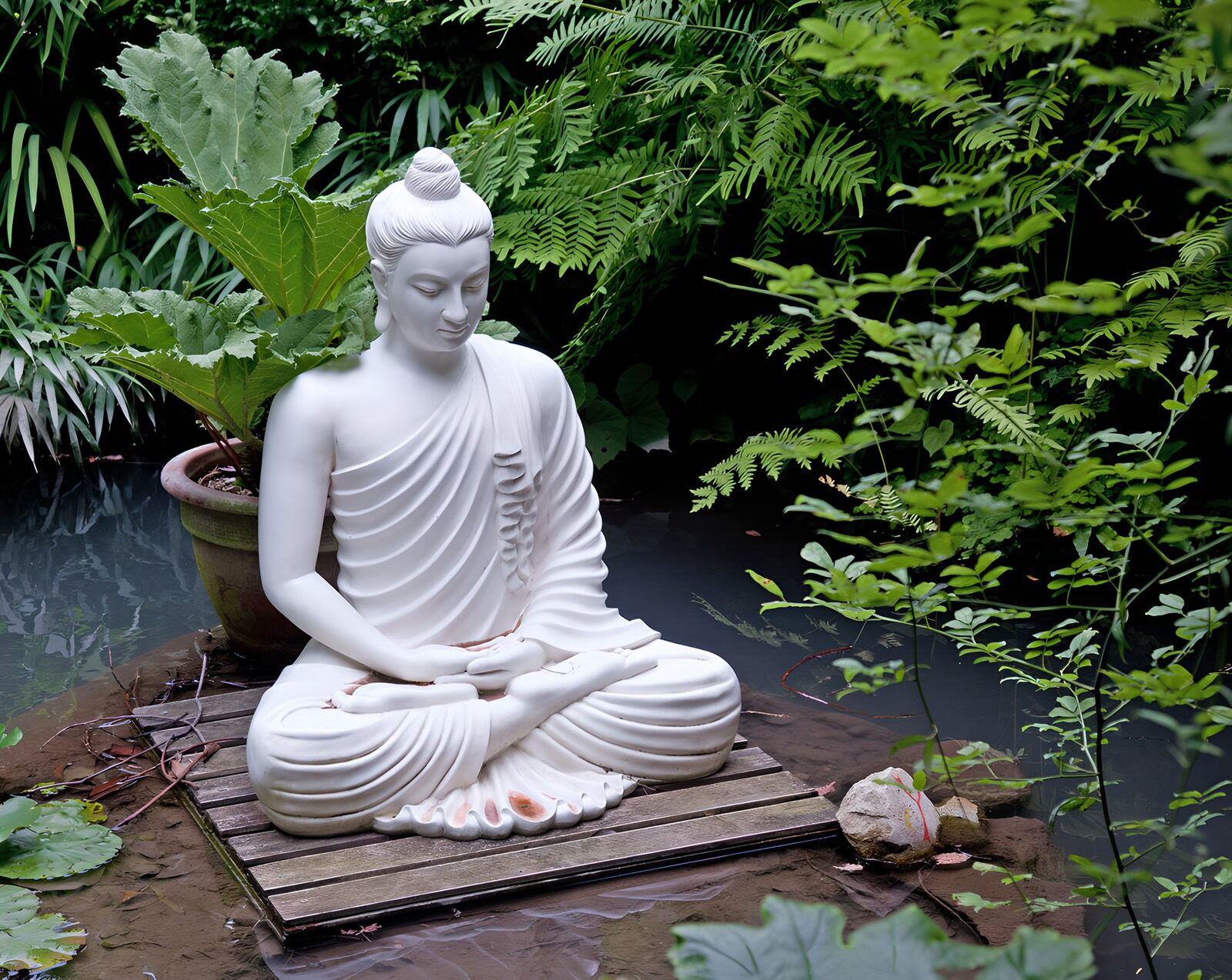 PDGIT9884672: Buddha bianco in quiete accanto allo stagno