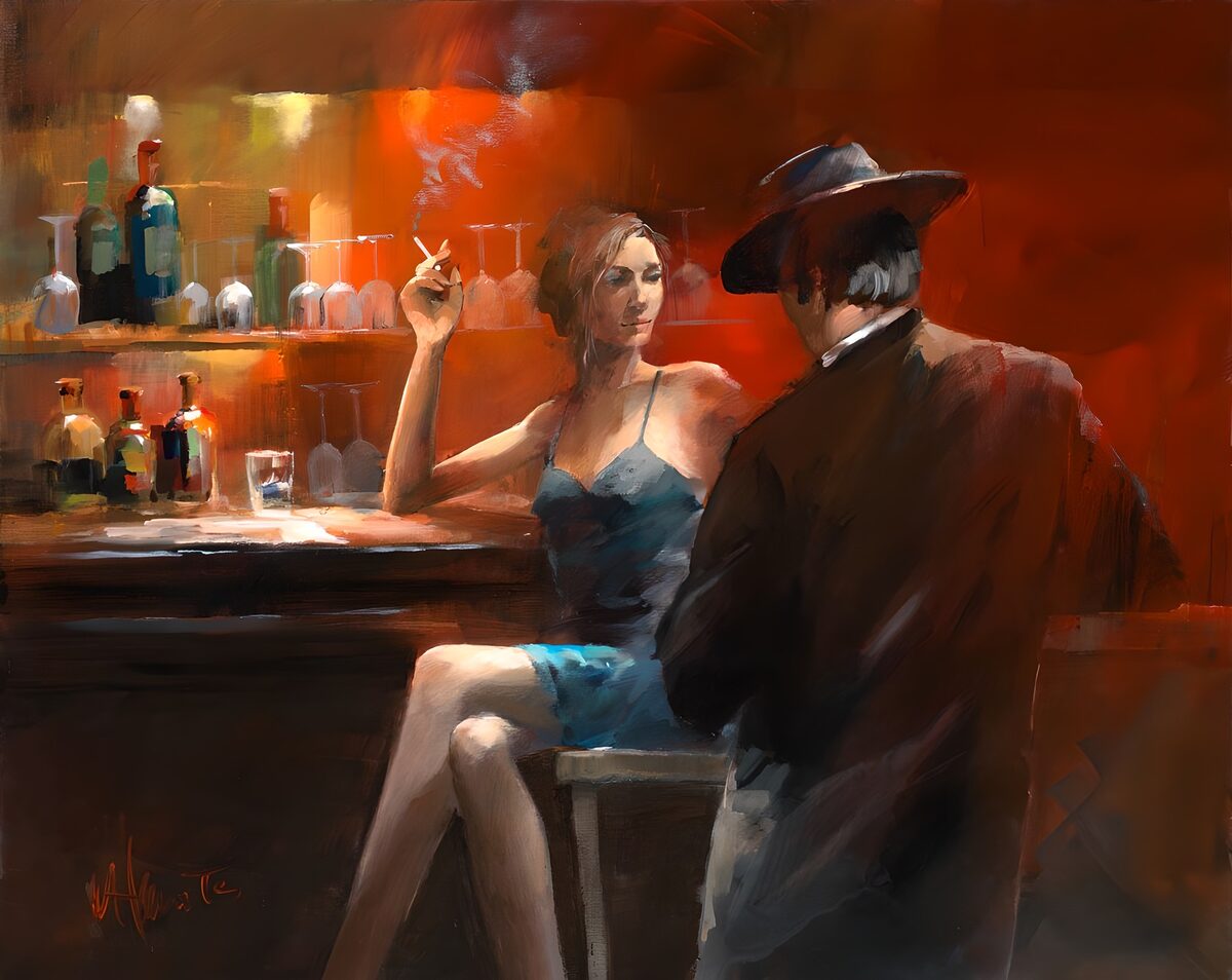 PDGIT4380214: Donna in blu e uomo col cappello al bar