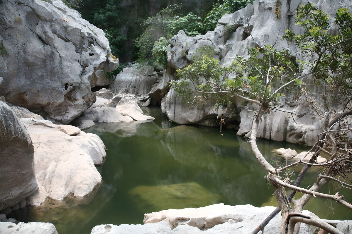 PDGIT7781698: Pozza verde tra rocce chiare e alberi