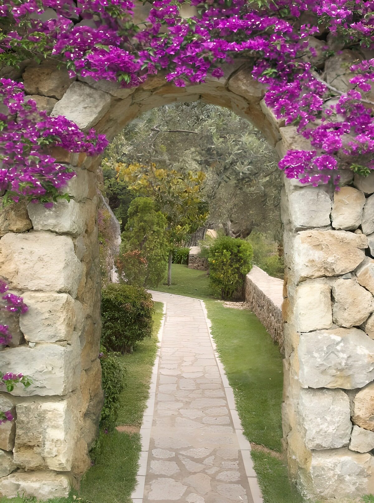 PDGIT4654790: Arco di pietra e giardino in fiore