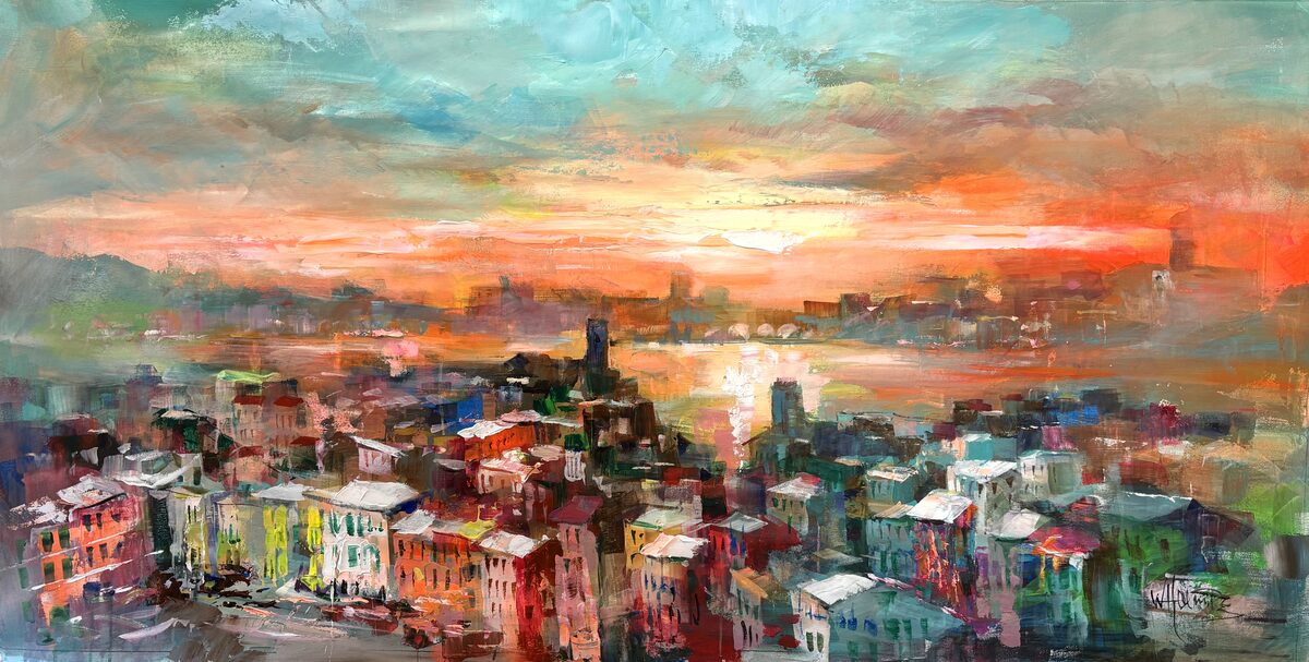 PDGIT9205404: Città sul mare al tramonto