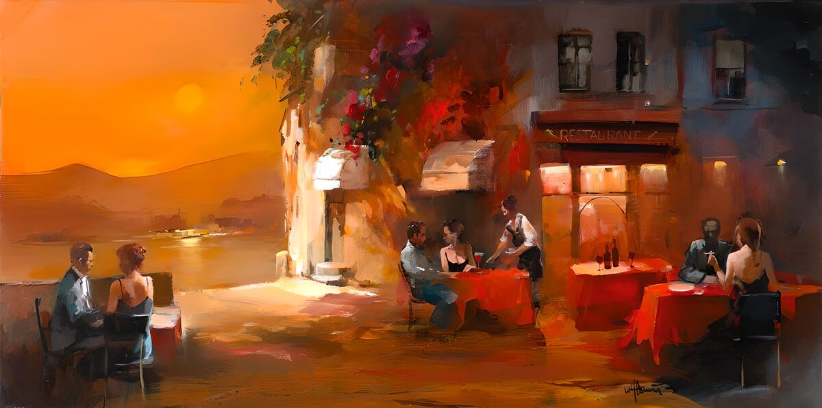 Cena in terrazza al tramonto sul mare