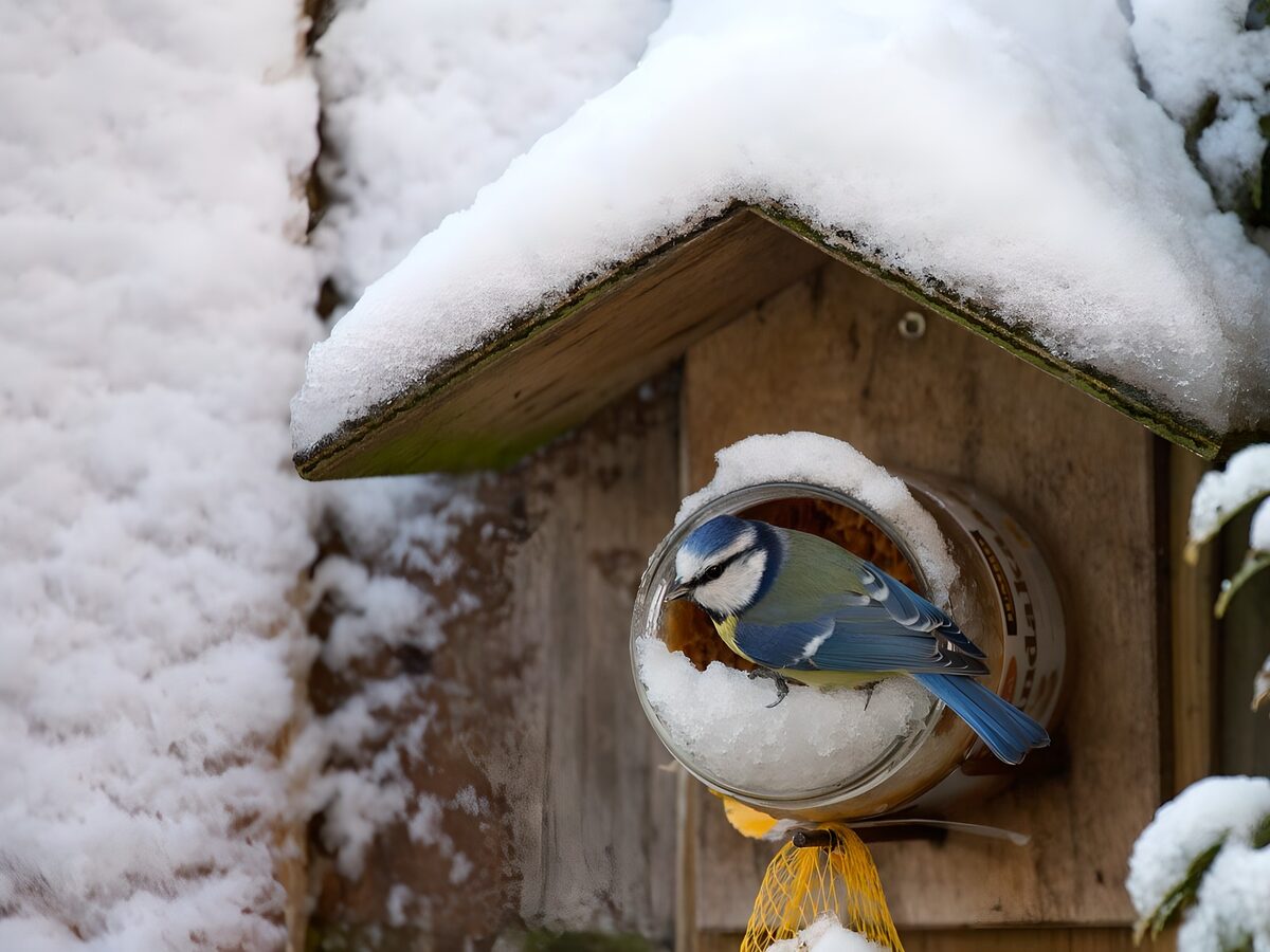 PDGIT9844540: Cinciarella alla mangiatoia innevata
