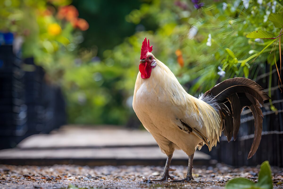 PDGIT1664615: Gallo bianco al sole sulla ghiaia