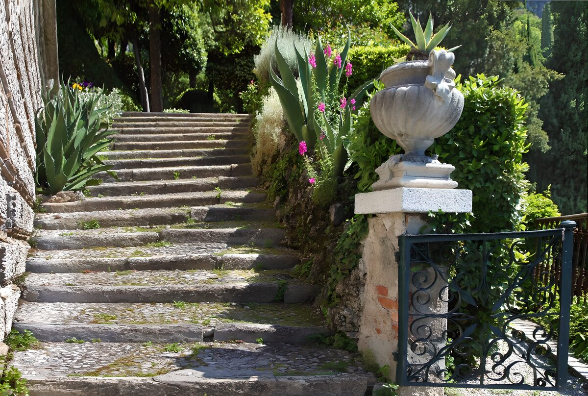 PDGIT8002463: Scalinata in pietra tra fiori e ombre