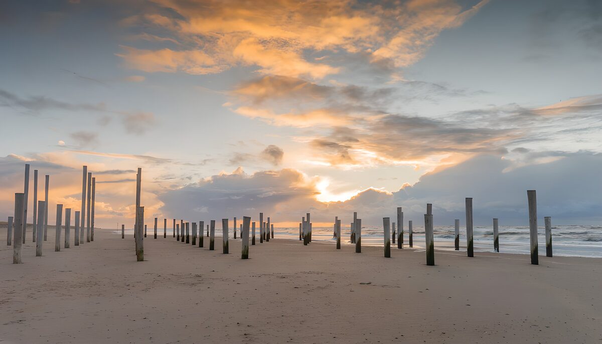 PDGIT4589902: Spiaggia con pali al tramonto