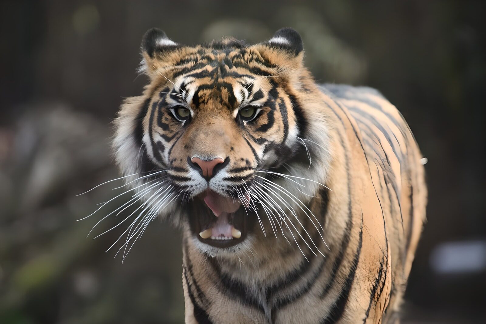 PDGIT8429064: Tigre a bocca aperta, sguardo deciso