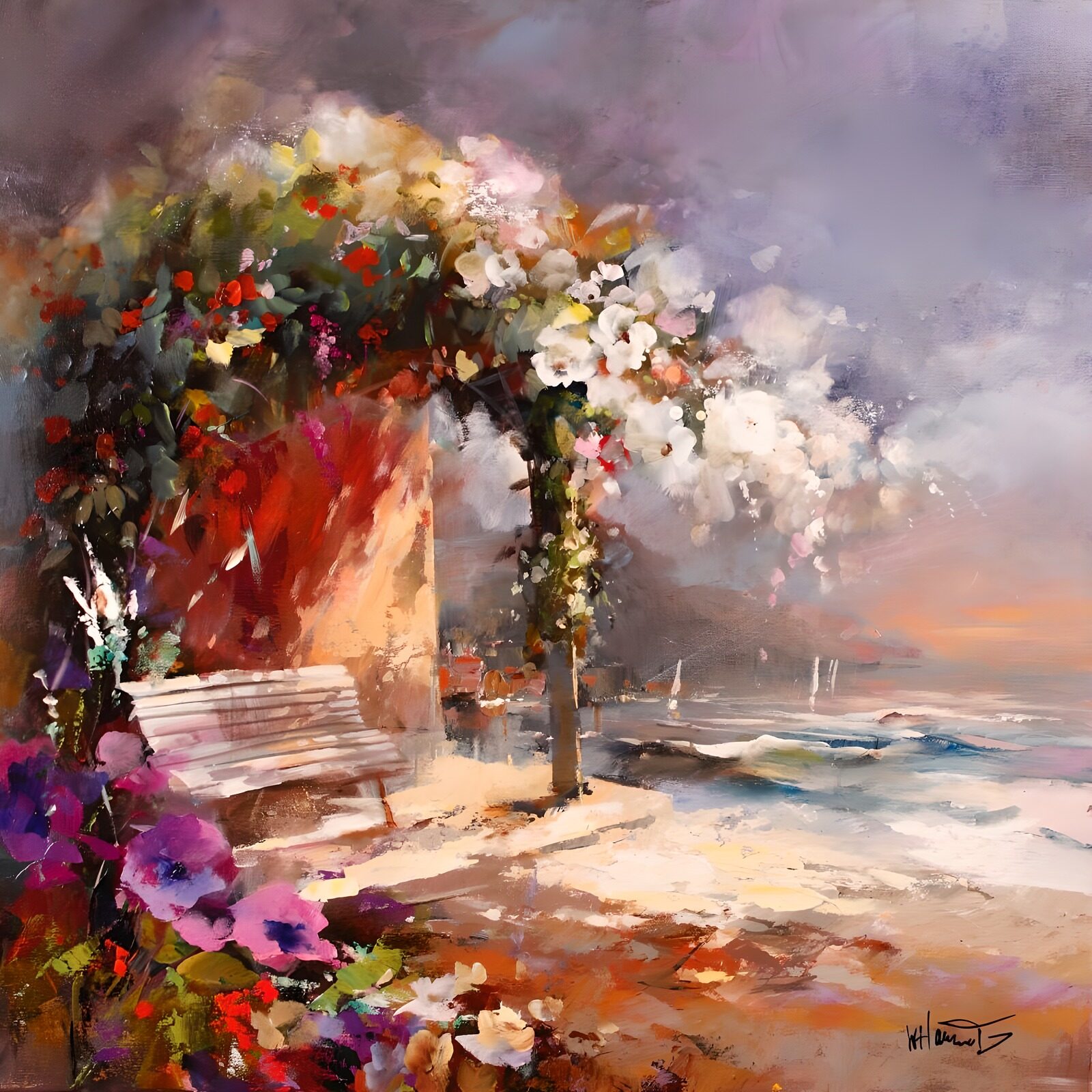 PDGIT3116827: Panchina rosa sotto l’arco fiorito