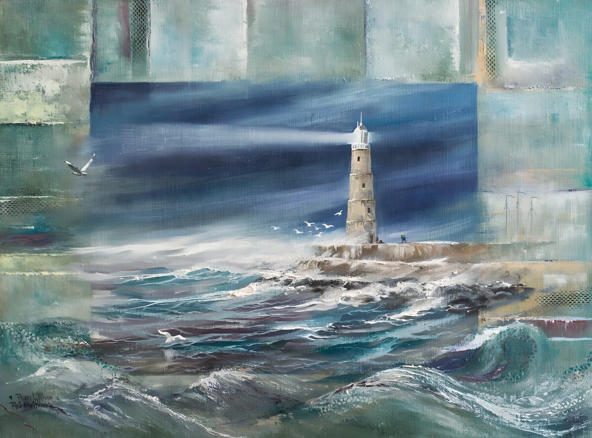 PDGIT3180304: Faro sul molo tra onde in tempesta