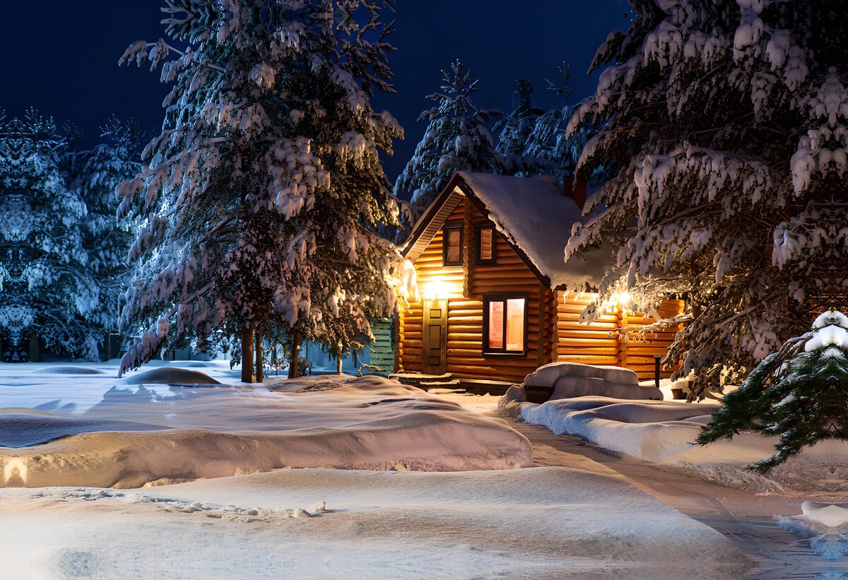 PDGIT4683703: Chalet illuminato nella notte di neve