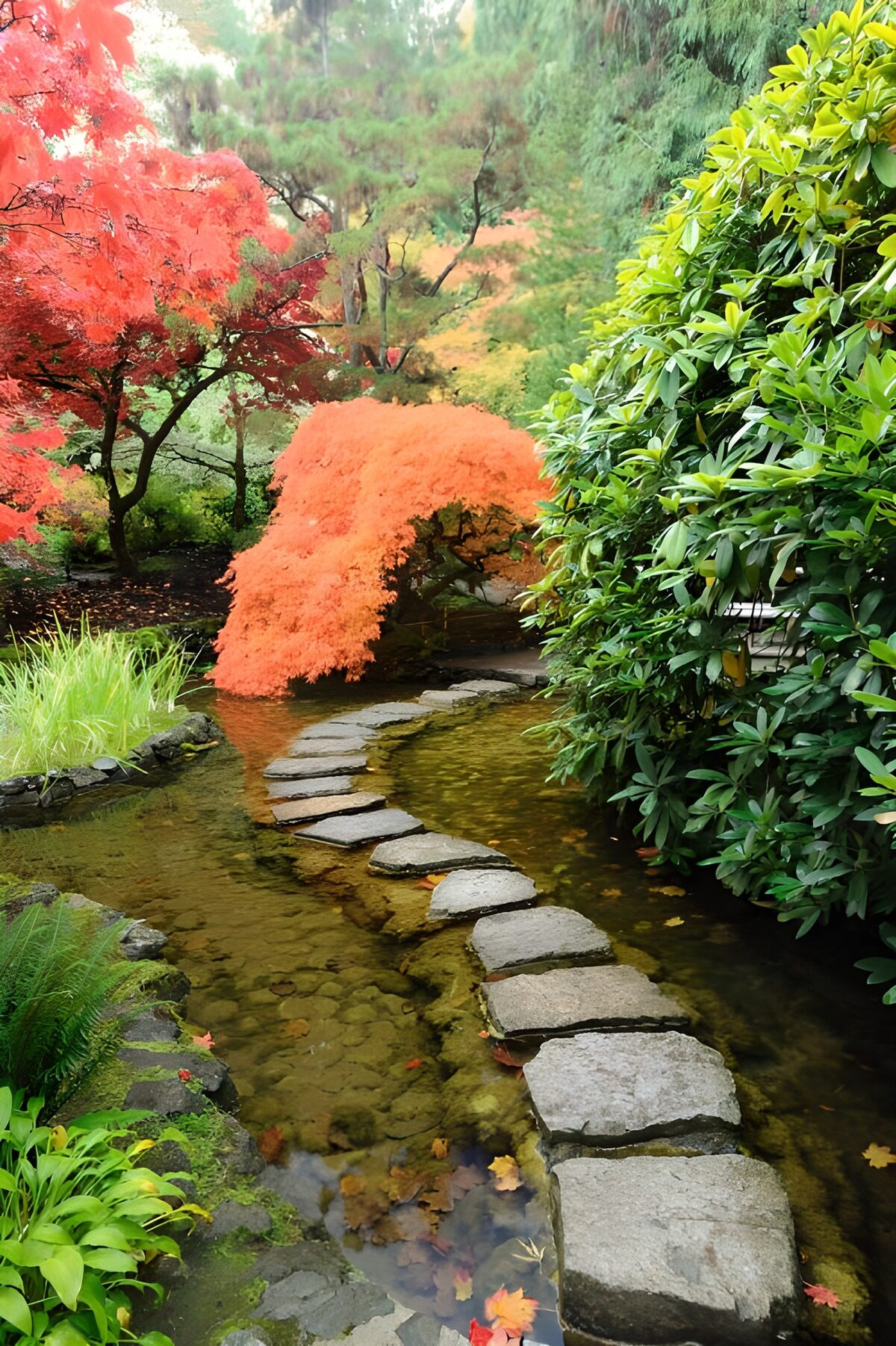 PDGIT6610653: Pietre da guado nel giardino d’autunno