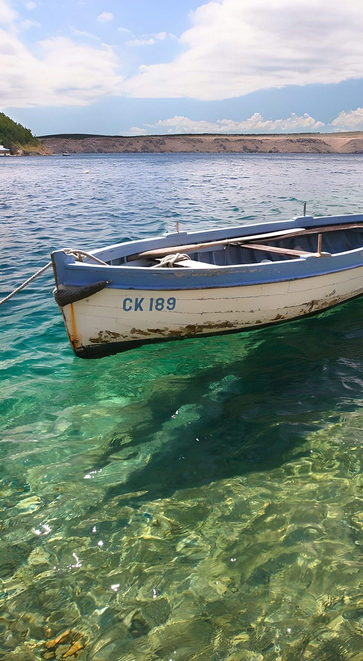 PDGIT7219709: Barca a remi sull’acqua turchese
