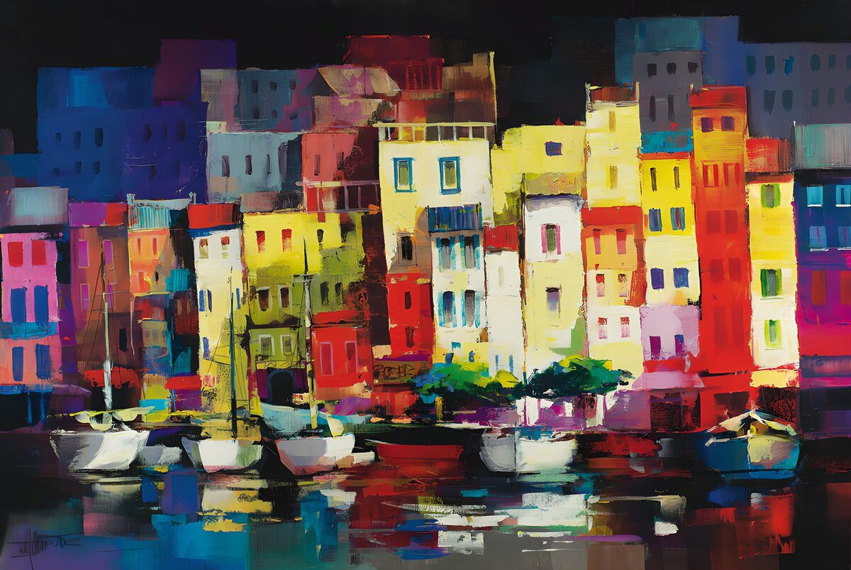 Case colorate e barche nella notte