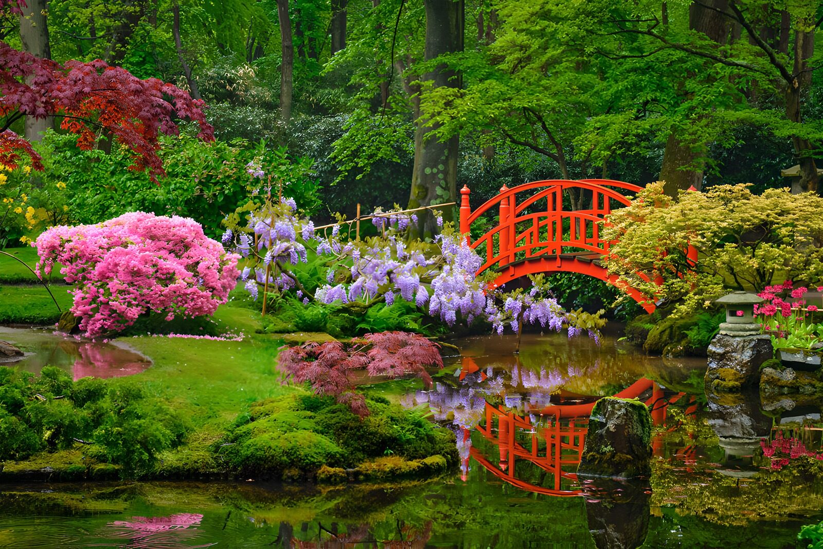 PDGIT8512901: Ponte rosso sullo stagno in fiore