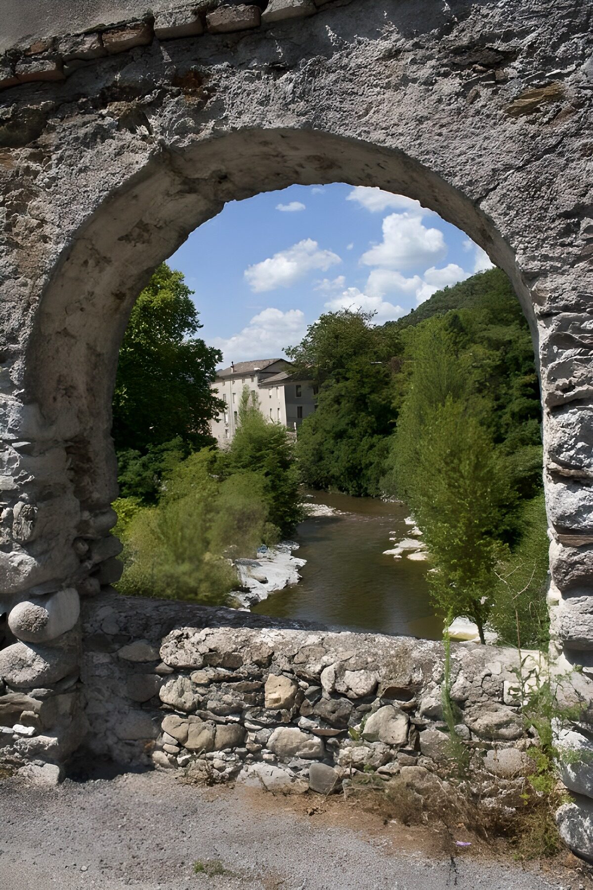 Arco di pietra sul fiume tra gli alberi