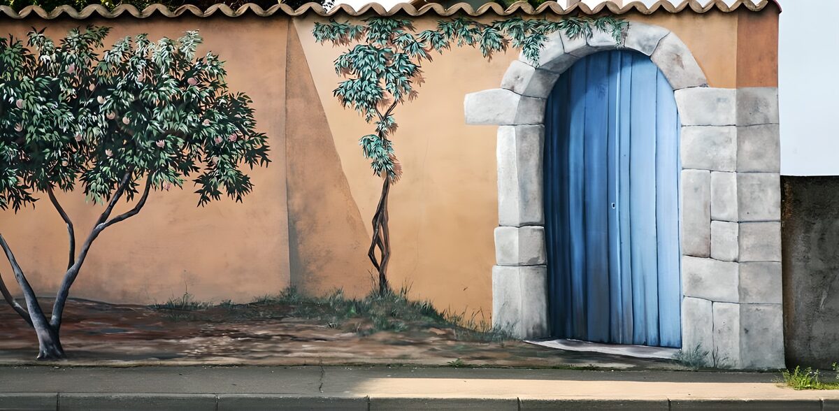 Porta blu ad arco sul muro ocra