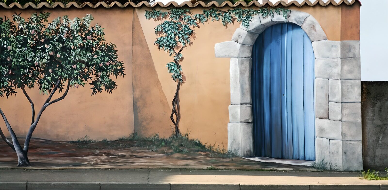 PDGIT7778152: Porta blu ad arco sul muro ocra