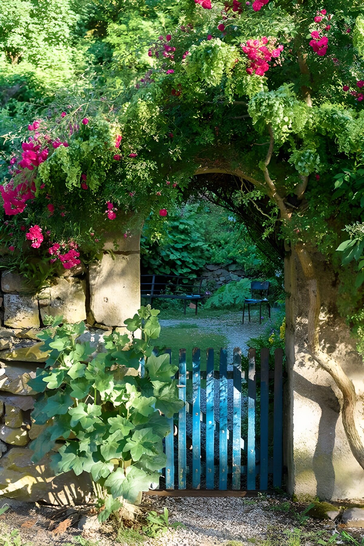 PDGIT8049706: Cancello blu tra pietra e fiori rosa