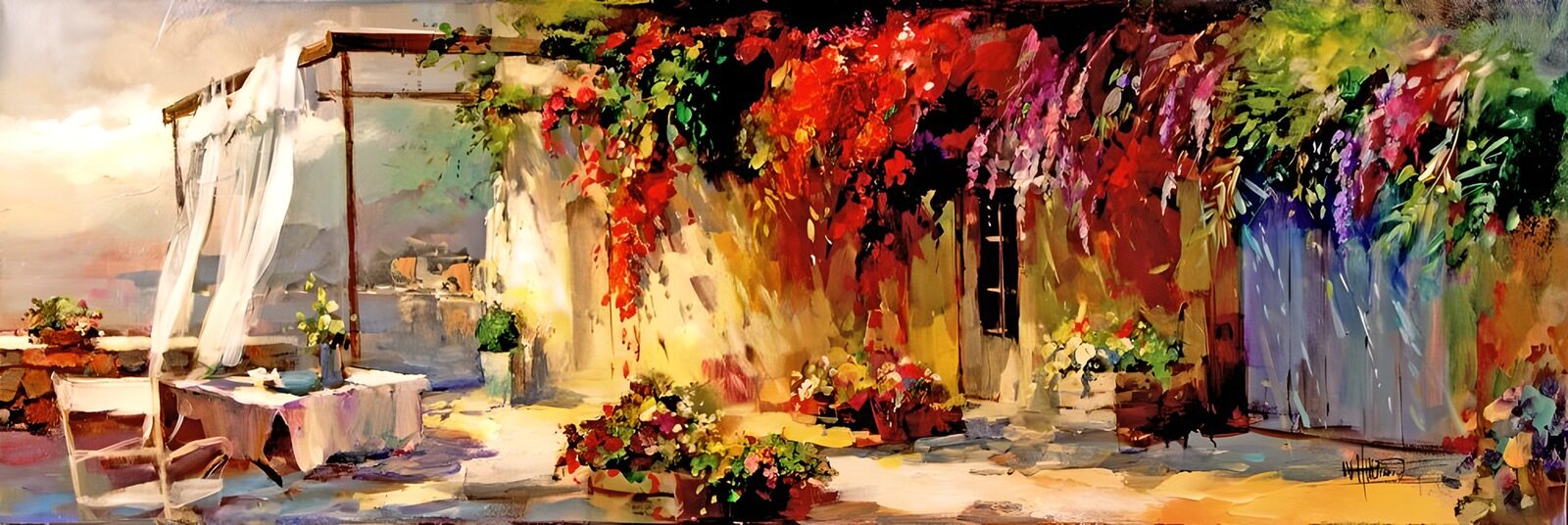 PDGIT5015102: Cortile al sole tra tende e fiori