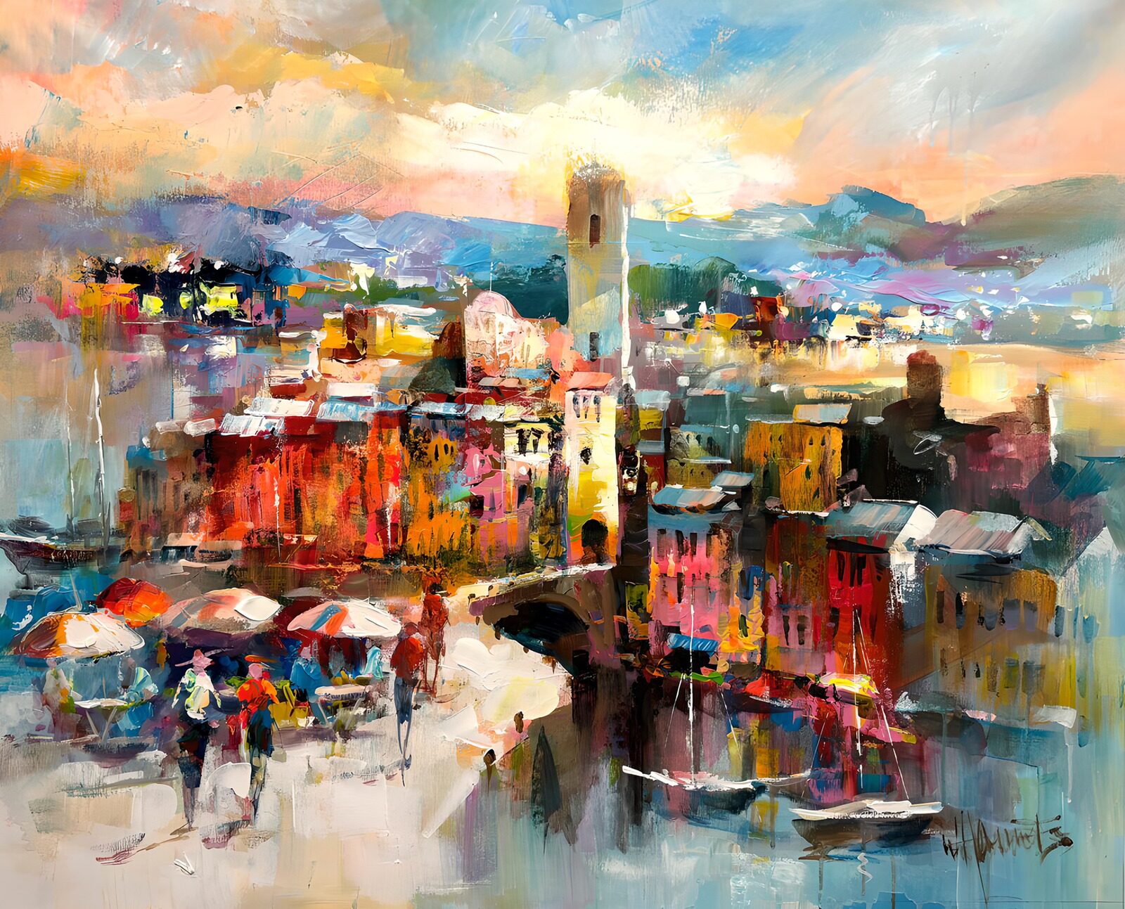 PDGIT4637469: Borgo colorato sul porto al tramonto