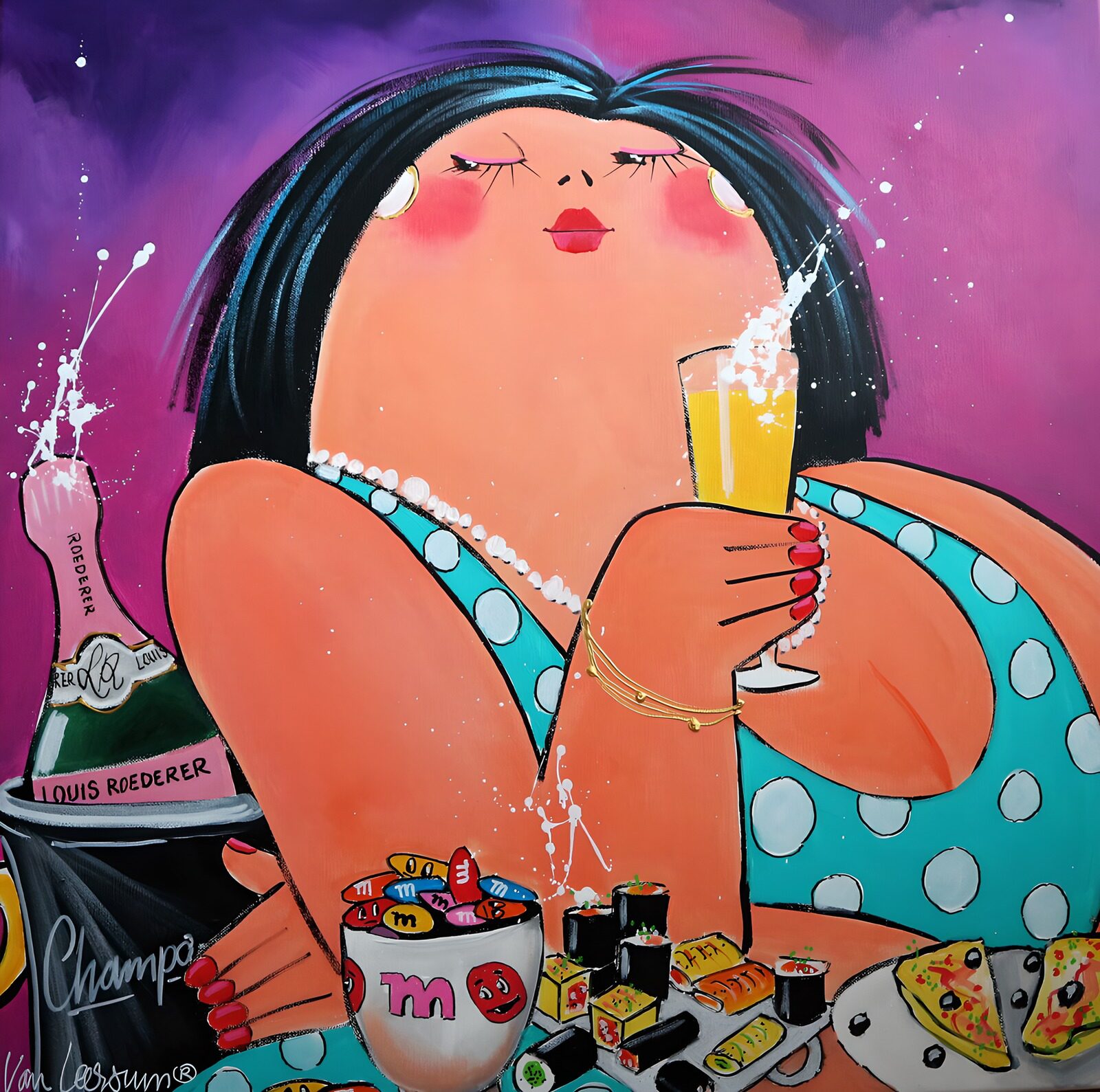 PDGIT3715348: Donna con champagne in stile pop art